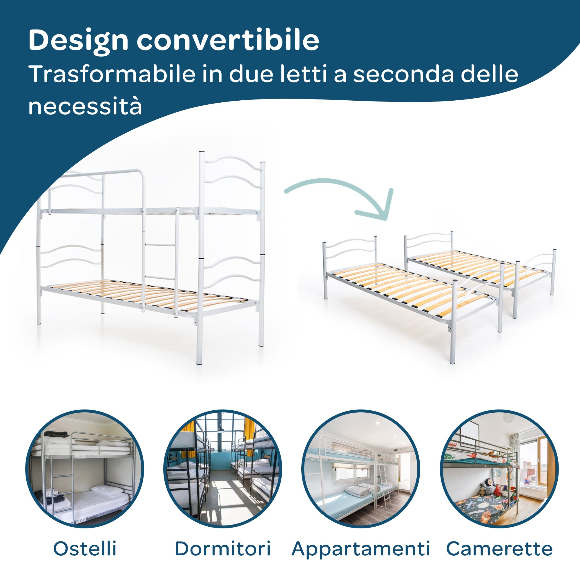 Letto a castello in ferro 80x190 con materasso incluso e doghe in legno