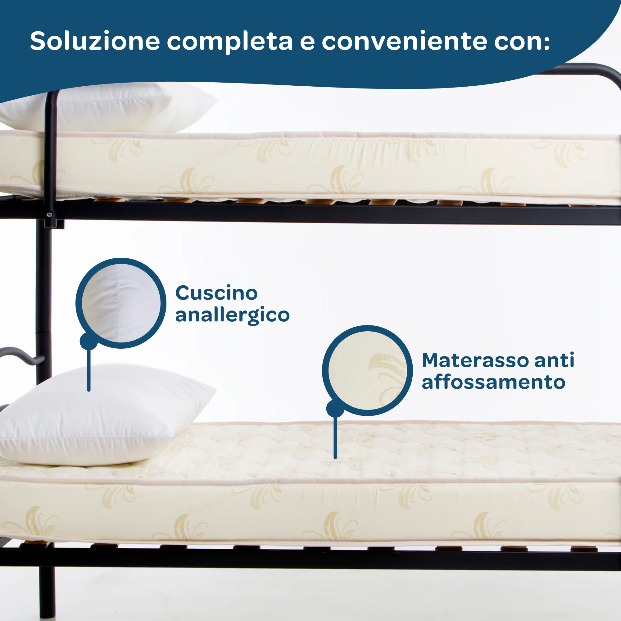 Letto a castello in ferro 80x190 con materasso incluso e doghe in legno