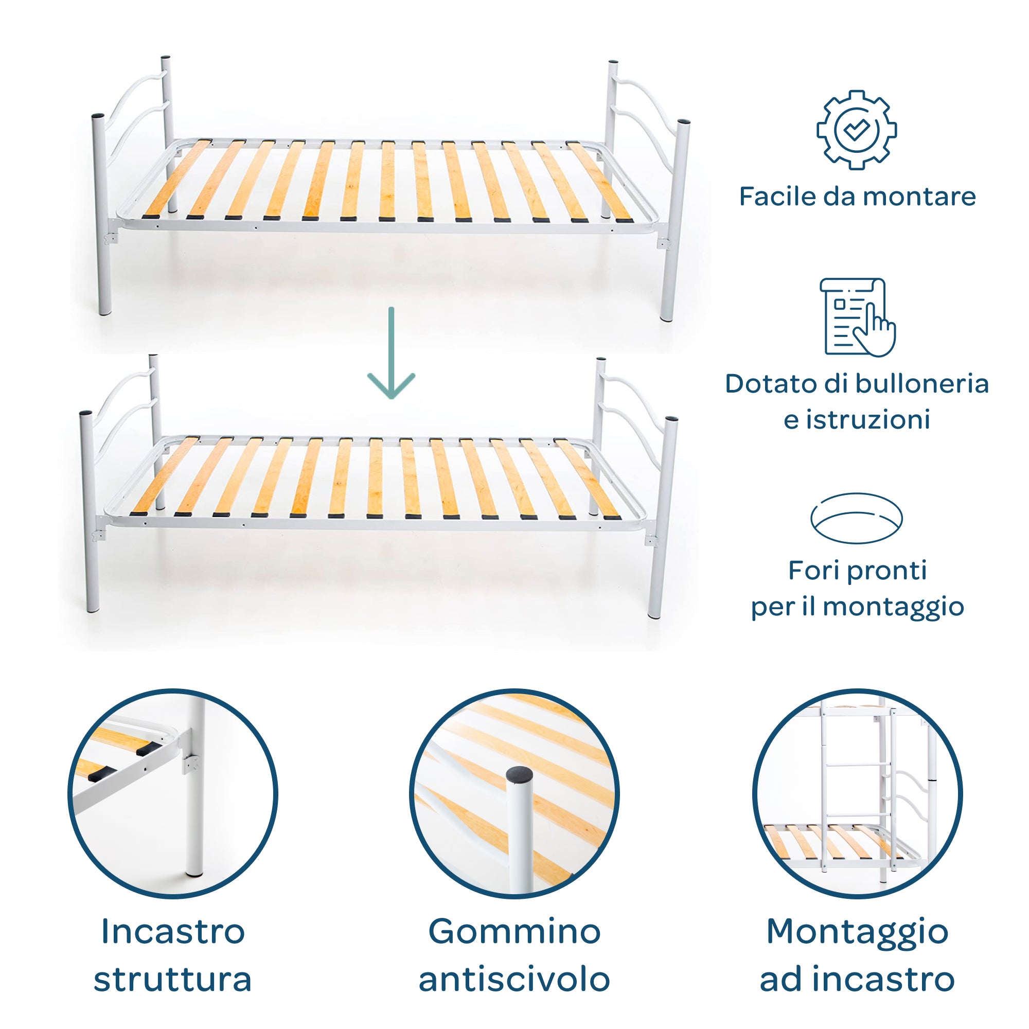 Letto a castello in ferro 80x190 con materasso incluso e doghe in legno