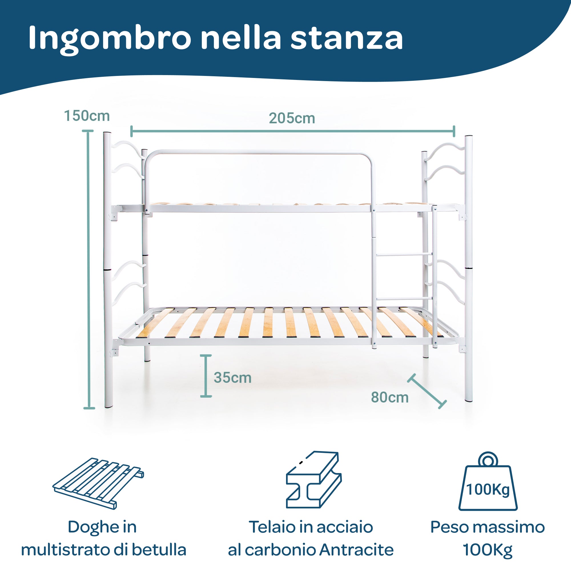 Letto a Castello in Ferro 80x190 con Doghe in Legno