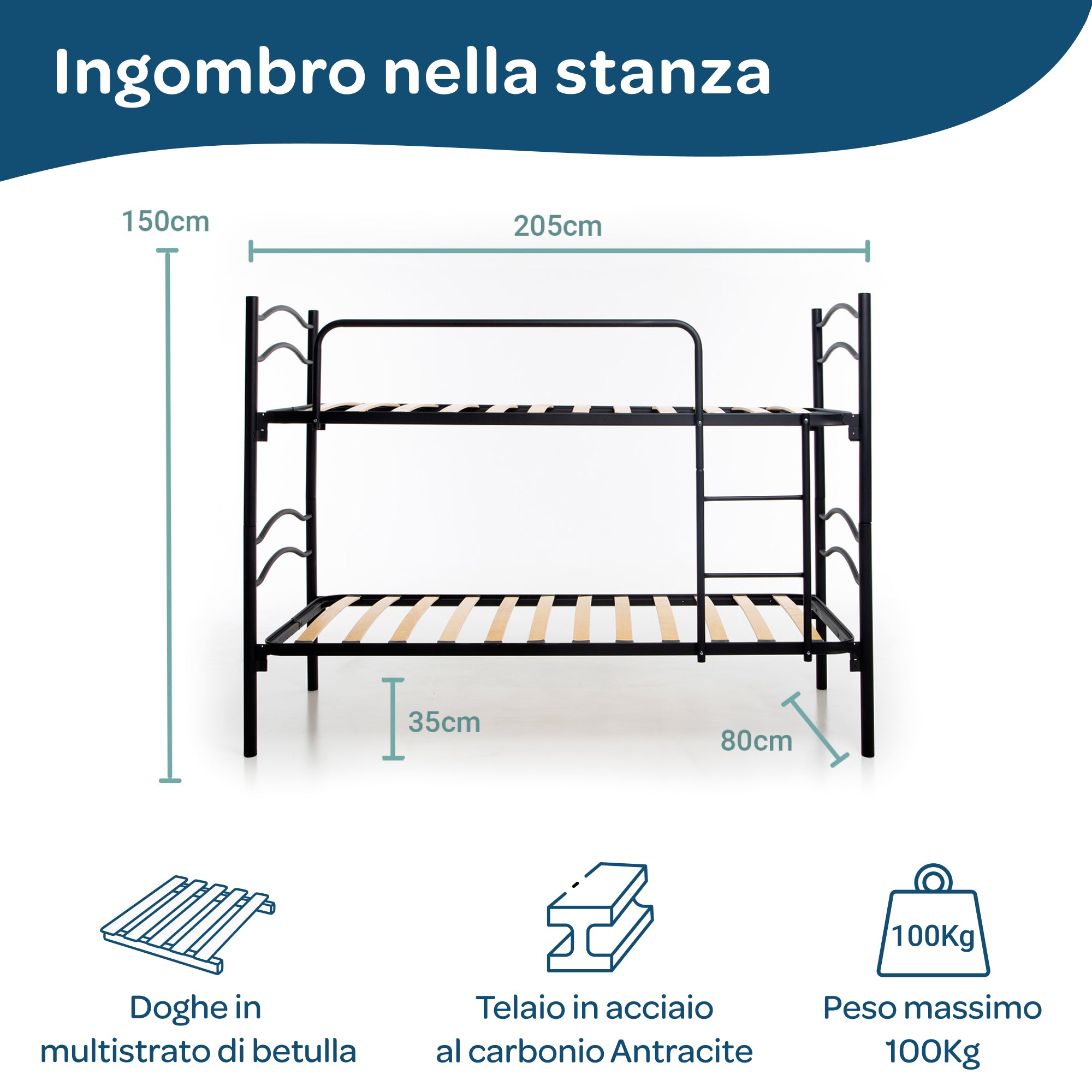Letto a Castello in Ferro 80x190 con Doghe in Legno