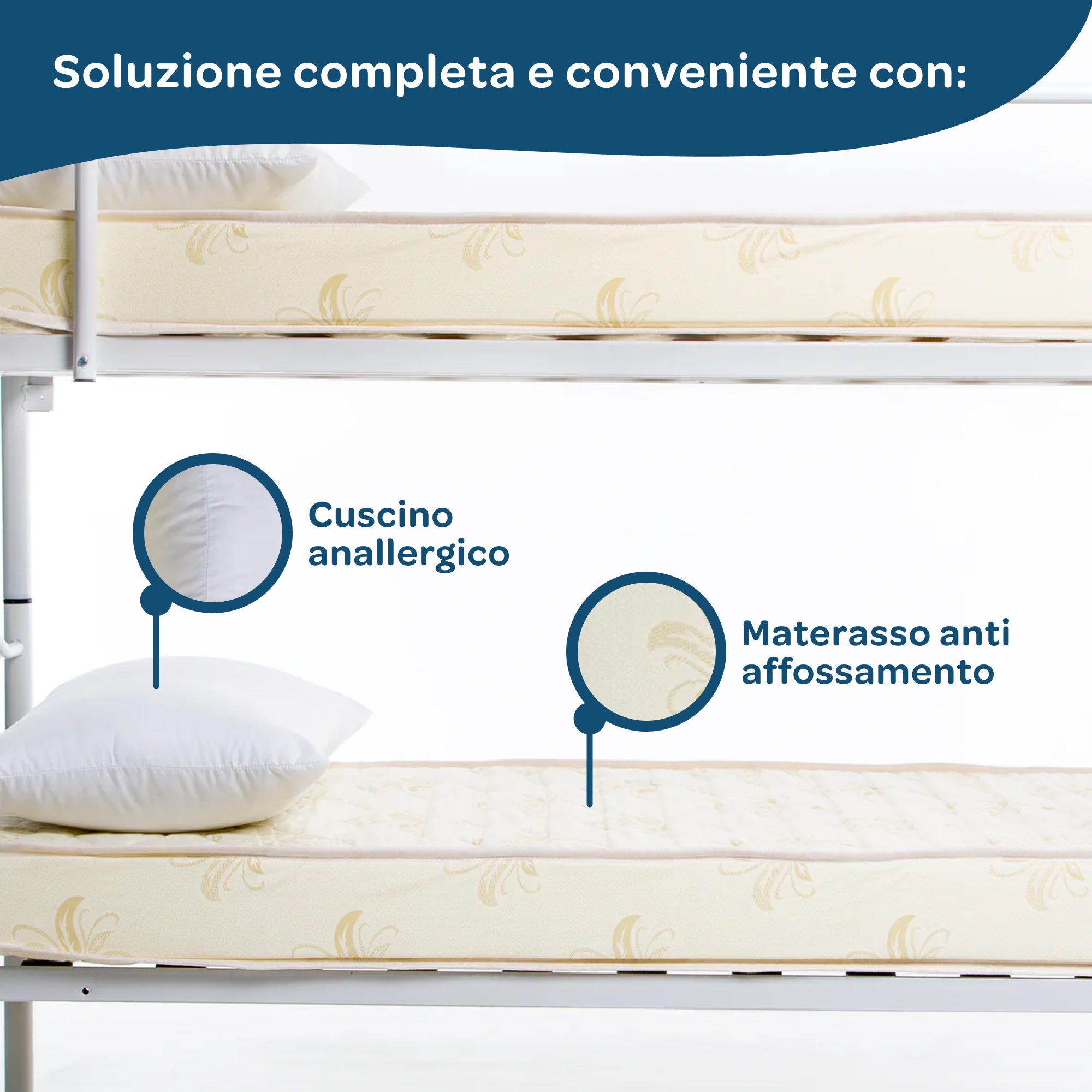 Letto a castello in ferro 80x190 con materasso incluso e doghe in legno