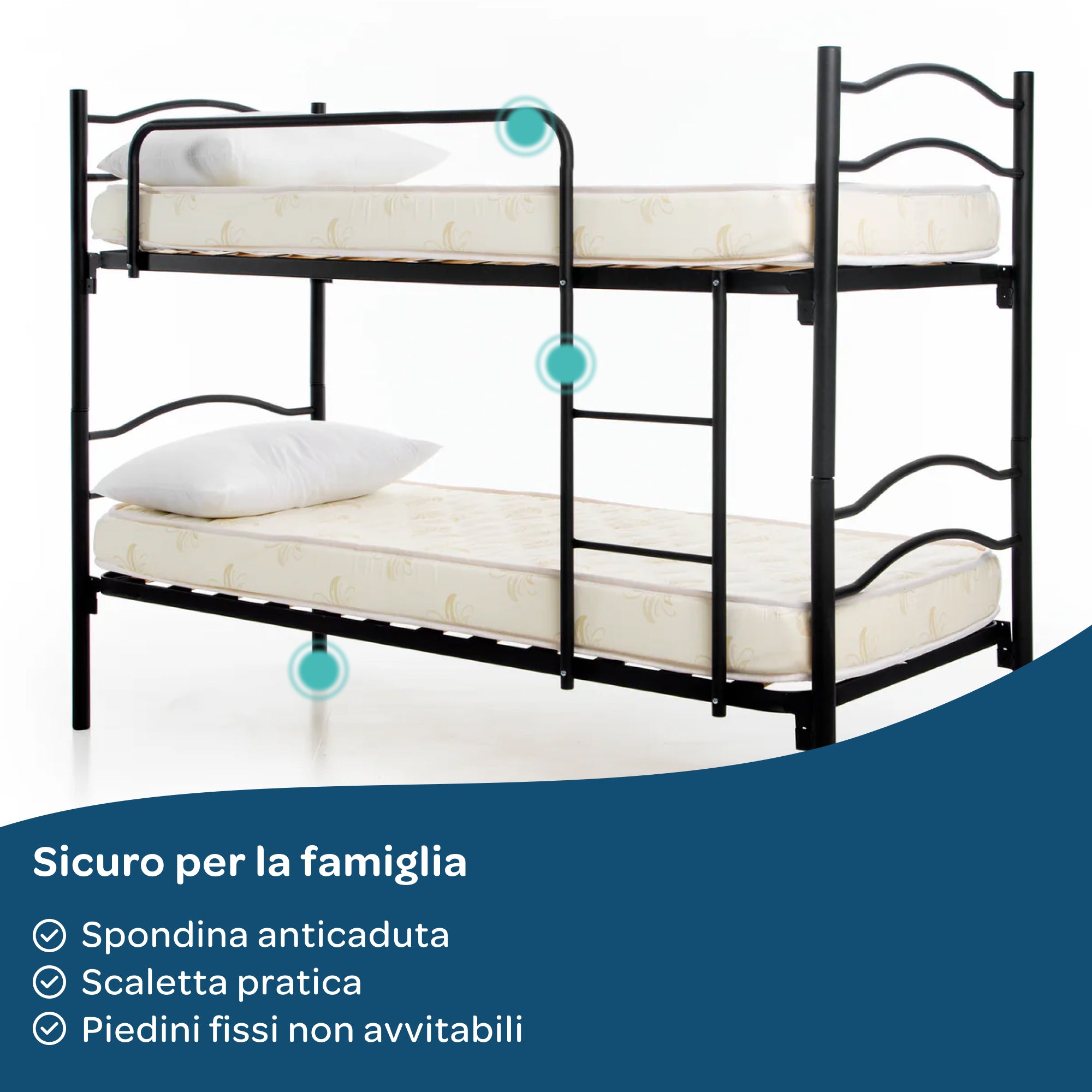 Letto a castello in ferro 80x190 con materasso incluso e doghe in legno