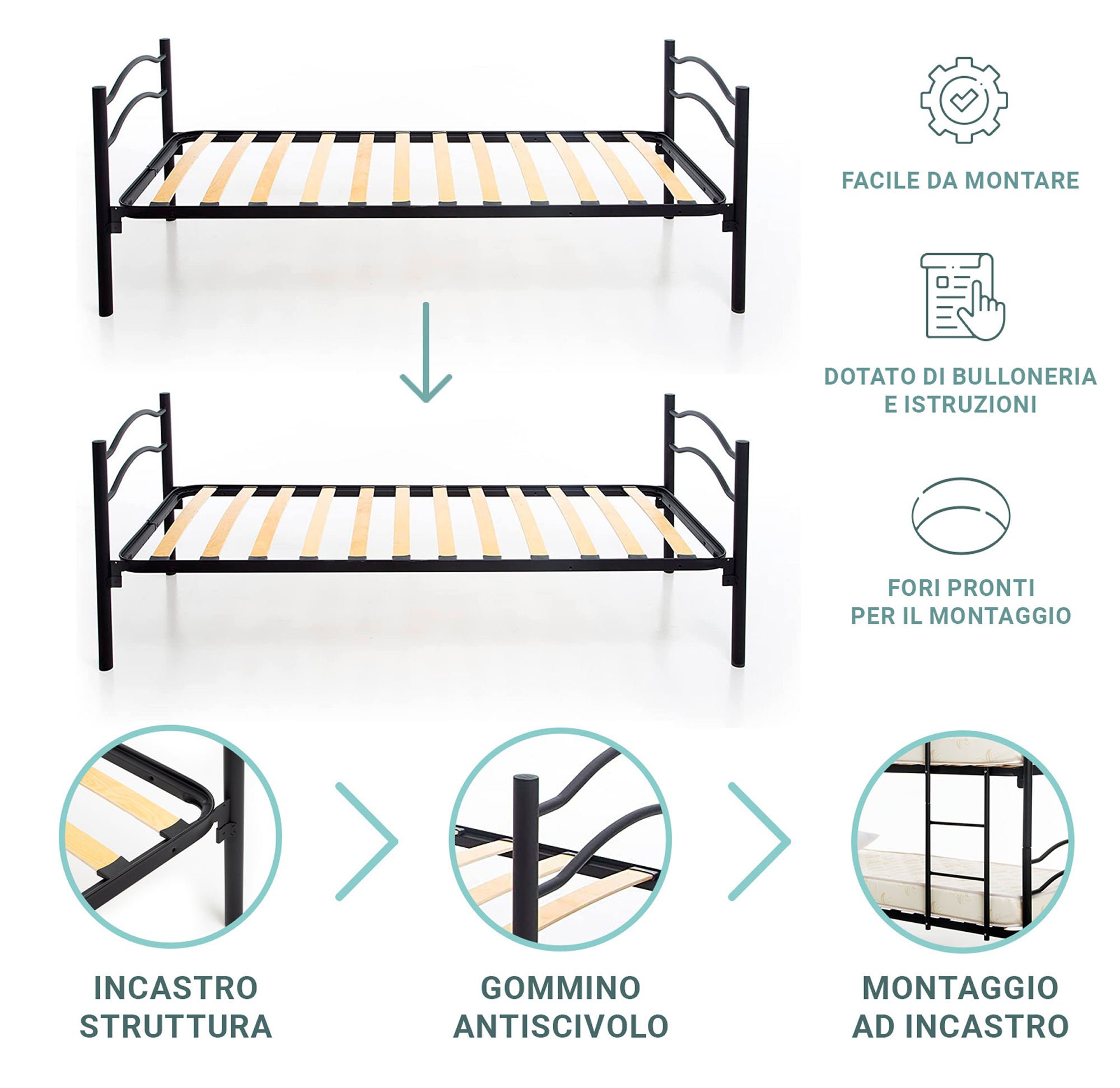 Letto a castello in ferro 80x190 con materasso incluso e doghe in legno